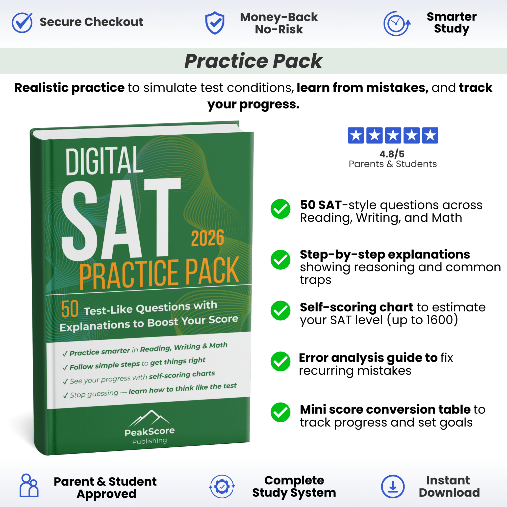 Digital SAT Practice Pack: 50 Test - Like Questions with Explanations to Boost Your Score - Peak Score Media