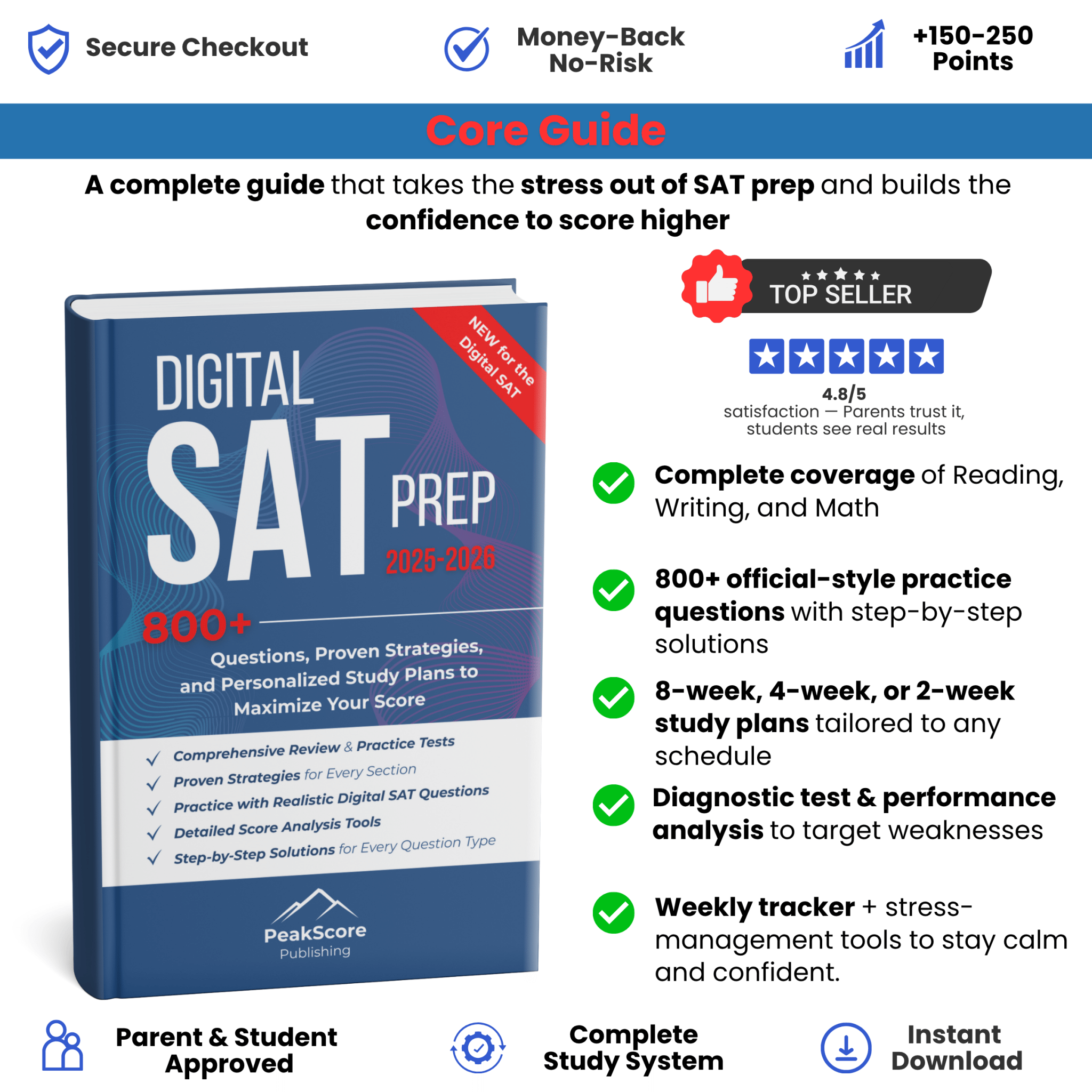 Digital SAT Prep 2025 - 2026: Step - by - Step Guide with 800+ Practice Questions, Proven Strategies, and Personalized Study Plans to Maximize Your Score - Peak Score Media